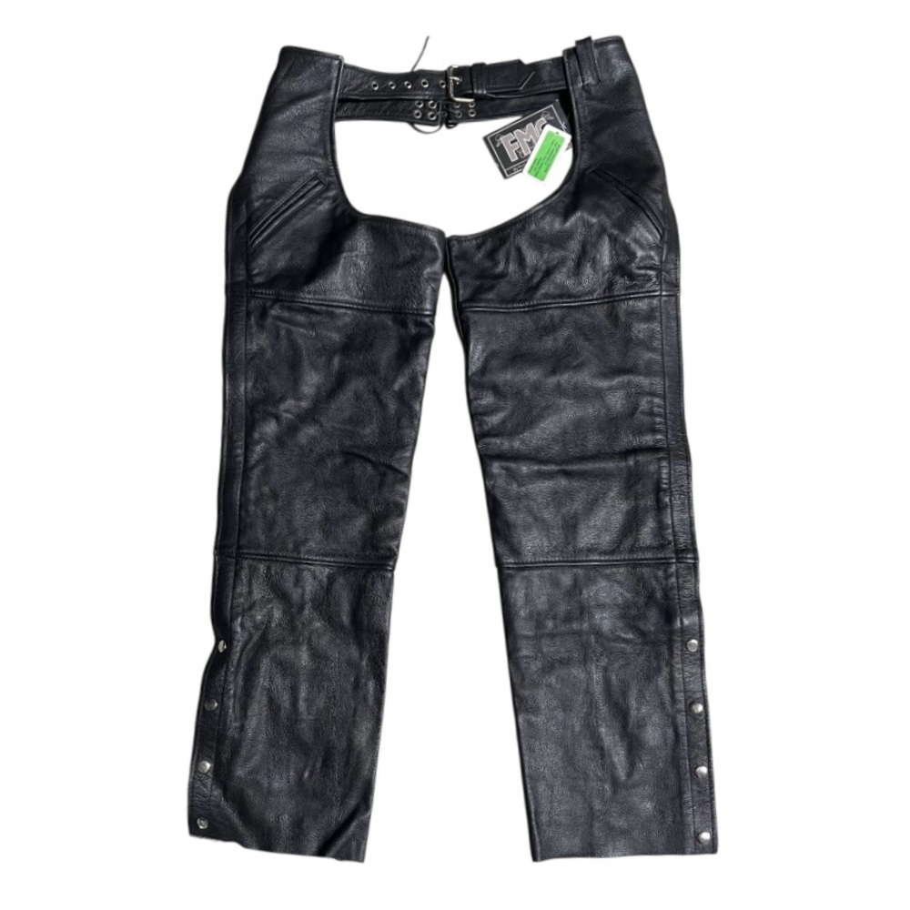 FMC Unisex LARGE Leather Riding Biker Chaps Black Pockets Adjustable Waist NEW!